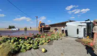 Muş yolunda karpuz yüklü tır devrildi
