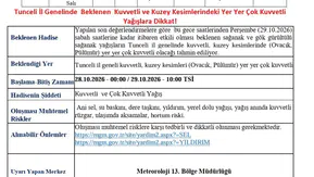 Tunceli için kuvvetli yağış uyarısı geldi