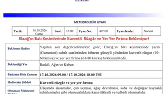 Elazığ için kuvvetli rüzgar ve fırtına uyarısı geldi