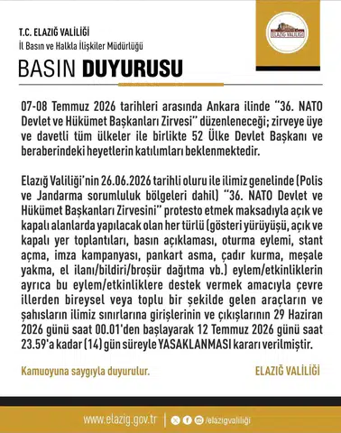 Elazığ genelinde eylem ve etkinliklere iki haftalık kısıtlama getirildi