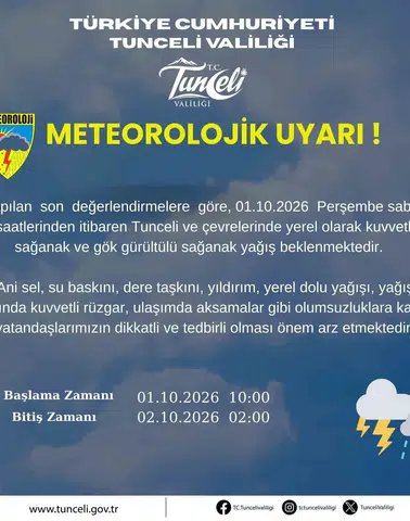 Tunceli için kuvvetli yağış uyarısı