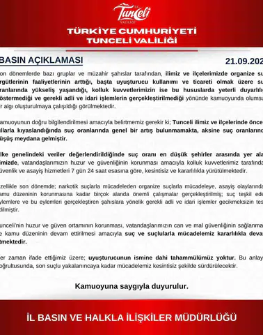 Tunceli Valiliği suç oranlarındaki artış iddialarını verilerle yalanladı