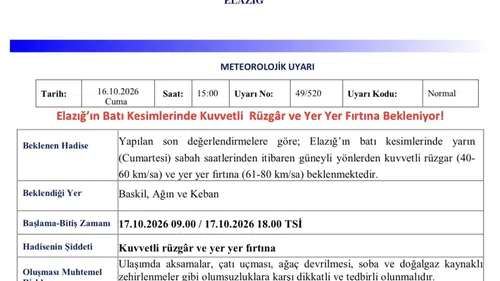 Elazığ için kuvvetli rüzgar ve fırtına uyarısı geldi