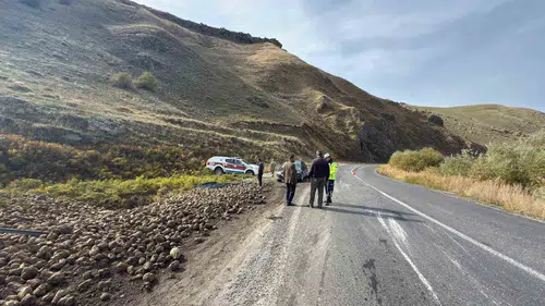 Patnos-Tutak yolunda şeker pancarı yüklü tır şarampole devrildi