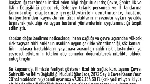 Elazığ’daki özel hastaneye dev çevre cezası