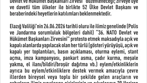 Elazığ genelinde eylem ve etkinliklere iki haftalık kısıtlama getirildi