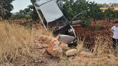 Şanlıurfa Halfeti yolunda yoldan çıkan otomobil fıstık ağacına takılı kaldı