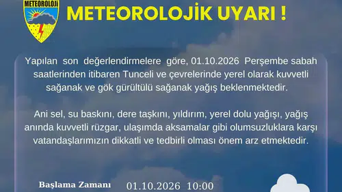 Tunceli için kuvvetli yağış uyarısı