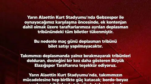Elazığspor taraftarı Kocaeli deplasmanında tribünleri tamamen dolduracak