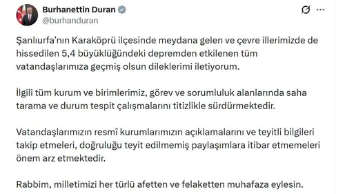 Şanlıurfa Karaköprü merkezli 5.4 büyüklüğünde deprem meydana geldi
