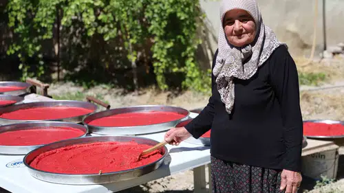 Ağın ilçesinde kışlık salça mesaisi güneşin altında devam ediyor