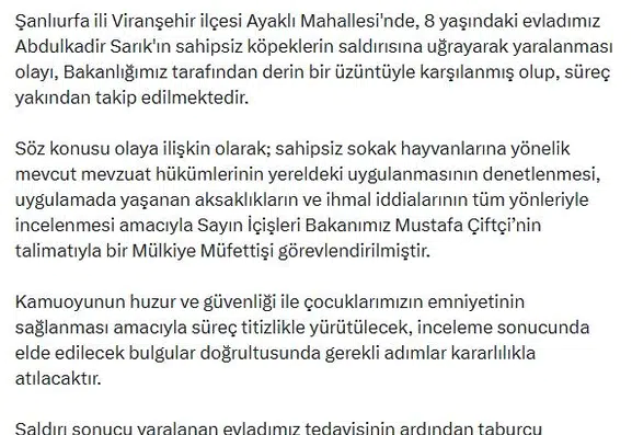 Viranşehirde köpek saldırısı sonrası müfettiş incelemesi başladı