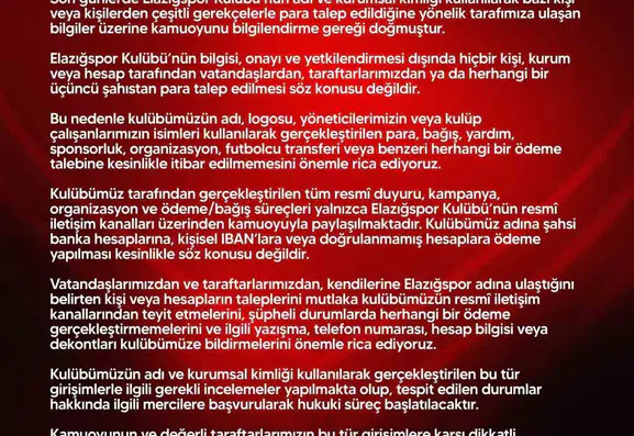 Elazığspor adıyla para isteyenlere kulüpten itibar etmeyin uyarısı