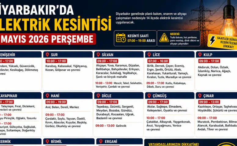Diyarbakır’da 7 Mayıs elektrik kesintisi: İlçe ilçe tam liste açıklandı