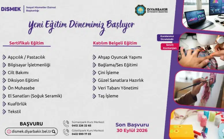 Diyarbakır’da 14 ücretsiz kurs açılıyor: Sertifika verilecek, son gün 30 Eylül