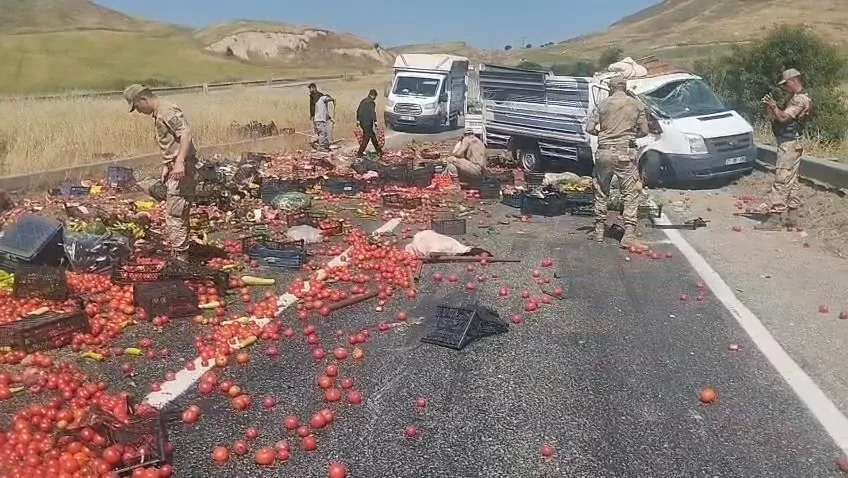 Silvan yolunda sebze meyve taşıyan kamyonet kaza yaptı