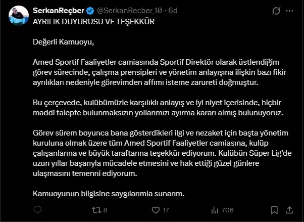 Amedspor'da Serkan Reçber dönemi kısa sürdü