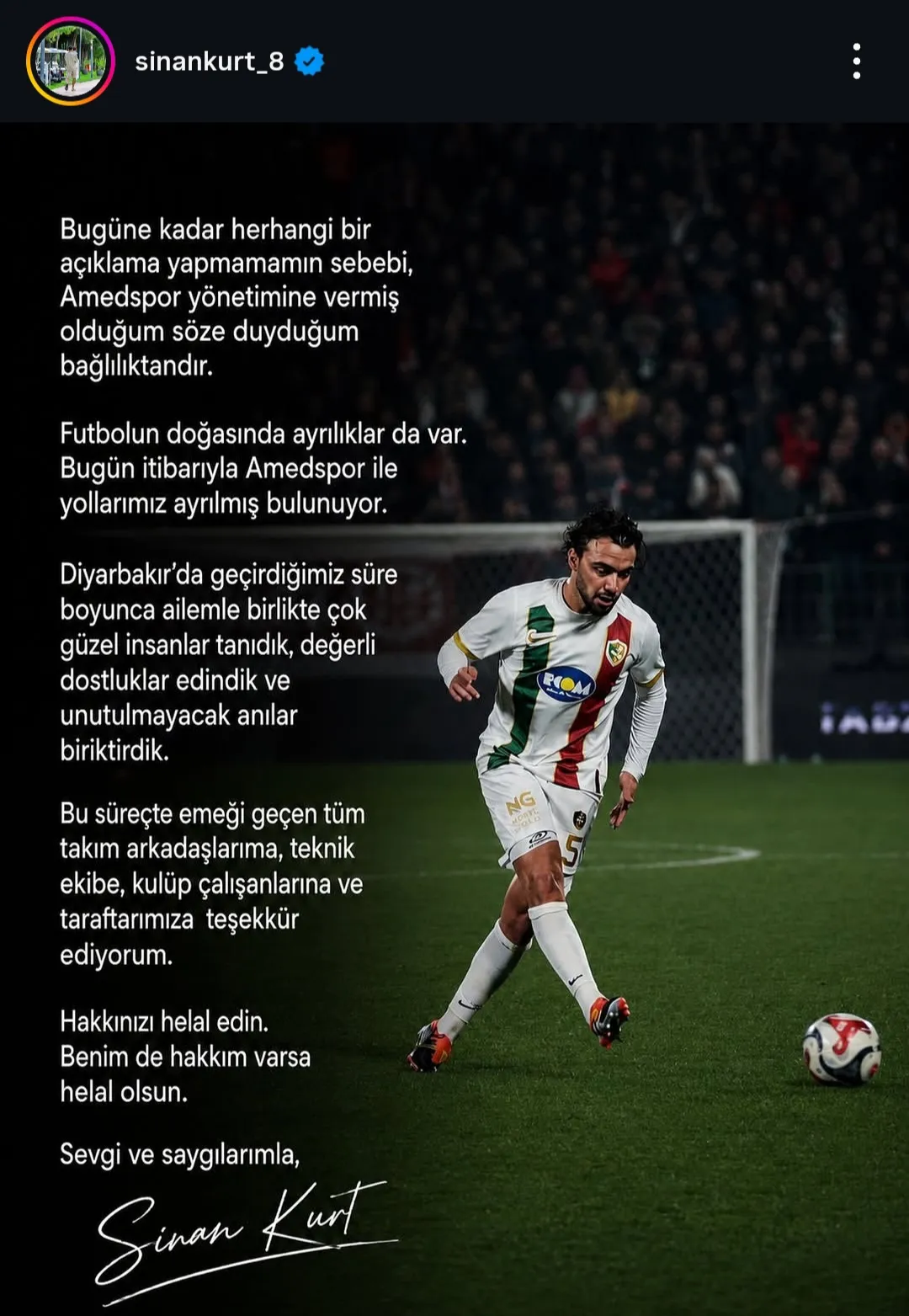 Amedspor forması giyen Sinan Kurt takımıyla yollarını ayırdı