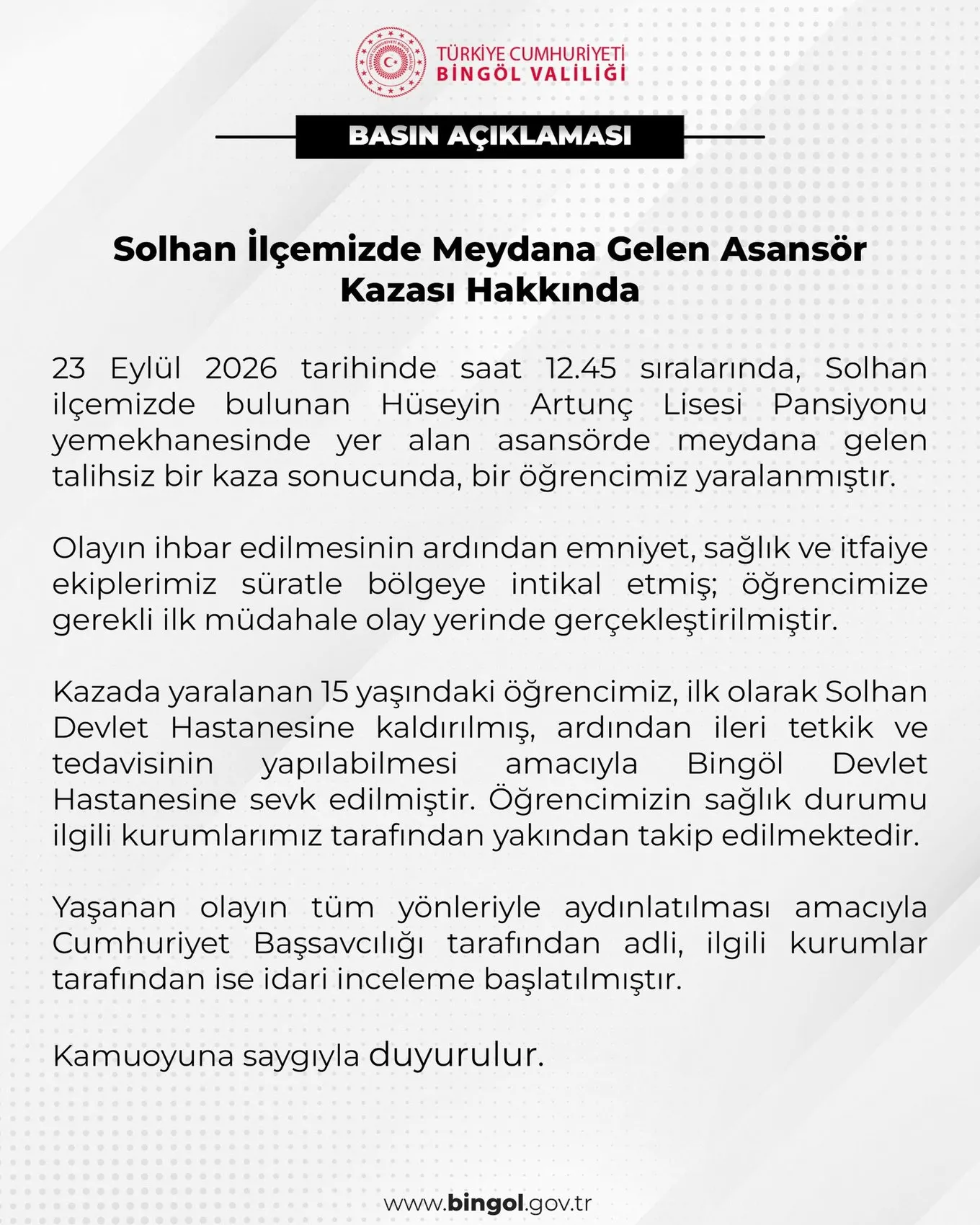 Bingöl Solhan'da okul pansiyonunda asansör kazası