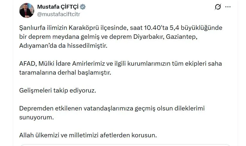 Şanlıurfa Karaköprü merkezli deprem çevre illerde de hissedildi